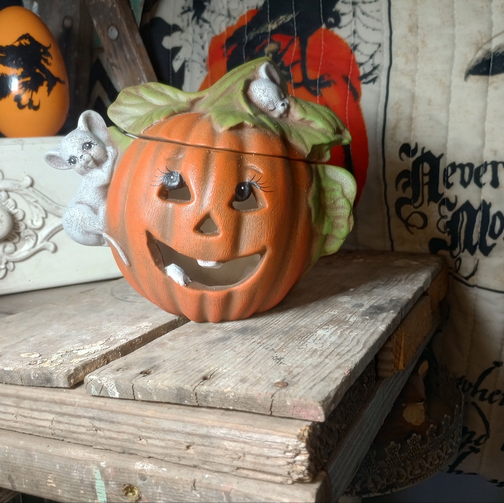 Pumpkin Luminary Jar Kitschy Mice Smiling Jack O Lantern Rustic Terracotta Dish